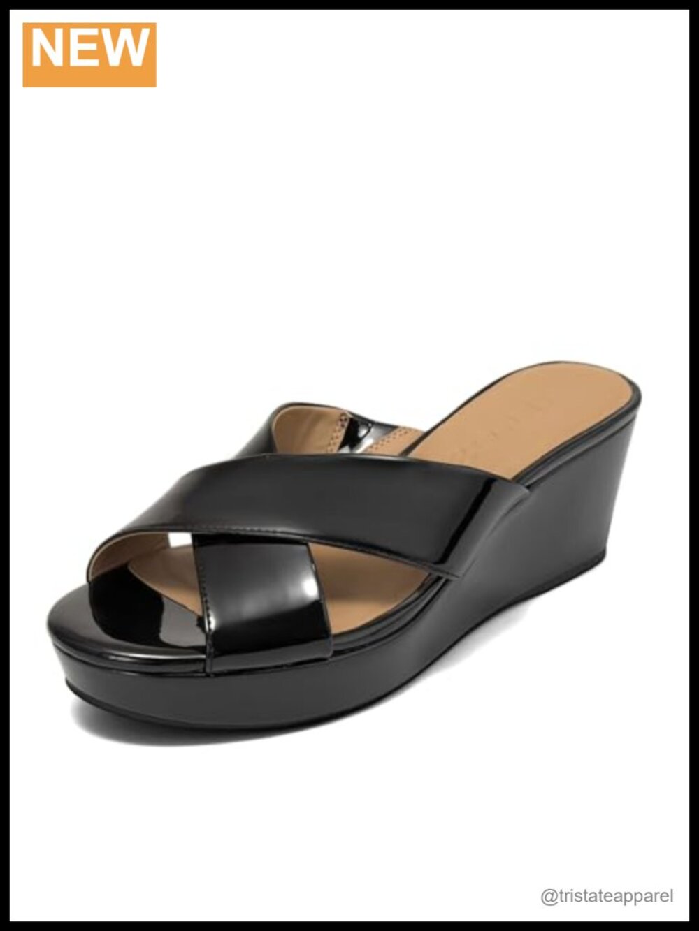 Wedge Sandals Faux Patent Leather Cross Strap Slip On Comfort